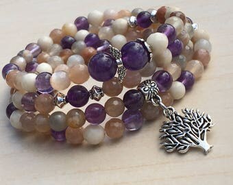 Mala Moon Stone Bracelet,Tree of Life Angel,Wood Petrification,Amethysts
