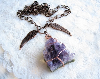 Druzy necklace Amethyst necklace Angel wings necklace Copper necklace Natural amethyst Healing amethyst Healing pendant chakra necklace gift
