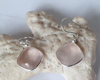 Faceted rose quartz earrings set in 92.5 sterling silver,free shipping