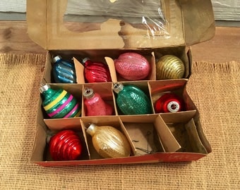 Vintage Paragon Glass Works Inc Miniature Glass Mercury Glass Christmas Ornaments Set of 10 with Box Made USA 1950s