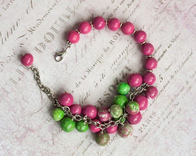 50% OFF SALE Pink beaded bracelet, Hot pink bracelet, Pink green bracelet, Pink and green bracelet, Pink chunky bracelet