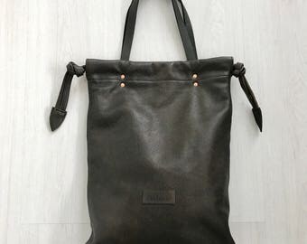 Dark brown leather tote bag, shoulderbag, handbag, drawstring tote
