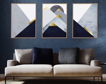 Trending Now Art, Set of 3 Prints, Print Set, Downloadable Prints, Mountains, Navy, Gold, Dark Blue, Scandinavian Art, Minimalist Poster