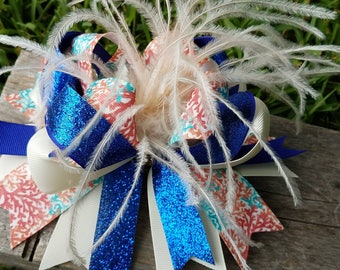 Overthetophairbow,ivory,royal blue,ivory feathers