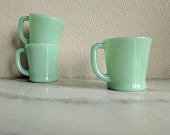 3 Fire King Jadeite D Handle Coffee Mugs, Vintage Jadeite Shaving Mugs Cups, Fire King Collectible Glassware, Green Milk Glass