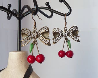 rockabilly cherries and bow earrings pinup tattoo boucles d'oreilles cerises et noeud tatouage