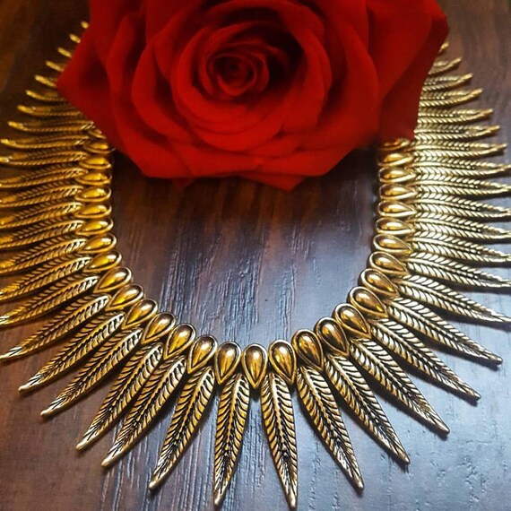 Bronze Gold Metal Necklace Feather Design Collar Band Jewelry Infinity Native Feather Craft Egyptian Bohemian Design