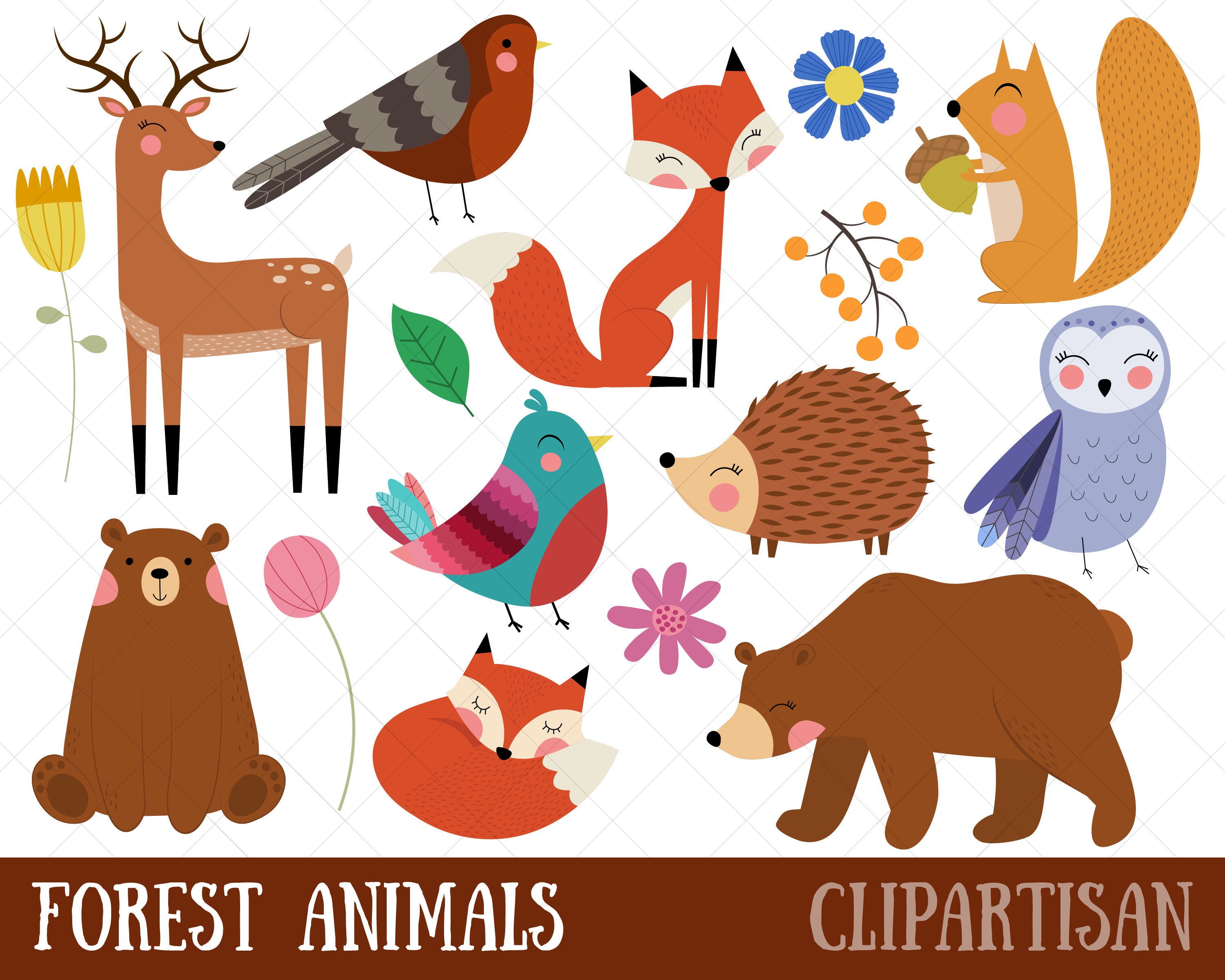 Woodland Animals / Forest Clipart / Fox / Bear / Deer / Owl