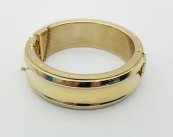 Signed LERU Wide Gold Tone Hinged Bangle Bracelet With Safety Chain