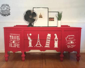 Antique buffet / sideboard / server / media center / credenza (eclectic whimsical modern vintage travel original artwork in chalk paint)