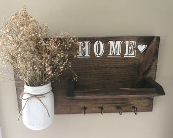 Rustic Key and Mail Holder, Home Sign Decor, Mother's Day Gift, House Gift, Mason Jar Wall Decor
