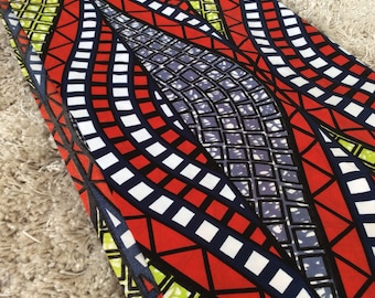 Ankara Fabric, African Fabric, Fabric by the yard, Designer Fabric, Red, orange, white, dark blue