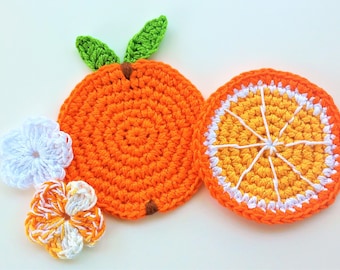 4 apliques en ganchillo NARANJA y Flores -4 handmade Crochet appliques ORANGES and Flowers -appliques au crochet-4 Crochet appliques