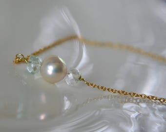 Tiny bead necklace aquamarine faceted gold plated Silver 925