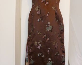 Vintage 1950s 1960s Cheongsam. Brown Satin Chinese Wiggle Dress. Goodwood Revival. Size 8-10, S.