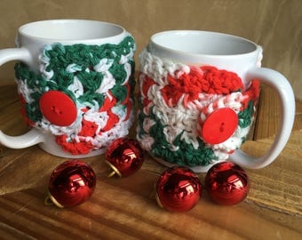 Crochet Mug Cozy, Set of 2, Christmas Cozy, Crochet Mug Warmer, Mug Cozy Crochet, White Elephant Gifts, Hostess Gift, Teacher Gift, Mug Cozy