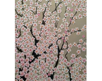 Cherry Blossom Tree Branches Original oil impasto painting white flowers on STRETCHED CANVAS size 20" X 24" No.04-26 ready to hang