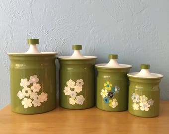 Vintage Kromex Canister Set, Set of 4, Green Metal White Plastic Floral