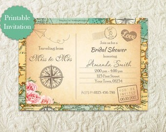 Vintage Travel Theme Bridal Shower Invitation, Traveling From Miss To Mrs Invitation, Around The World Map Globe Bridal Shower Invitation