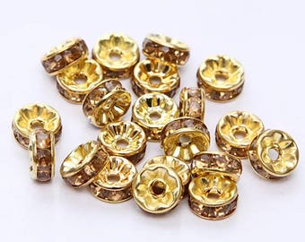 Set of 10 bead spacer Gold 8 MM Crystal rhinestones.
