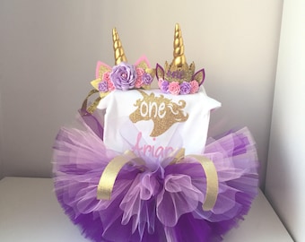 Unicorn birthday outfit, Purple and Pink birthday outfit, Unicorn headband tutu and bodysuit