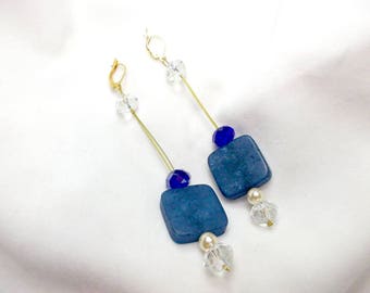 Handmade earrings, blue opal-shaped stone and crystals
