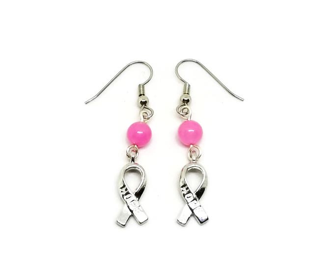 Breast Cancer Awareness Earrings, Pink Ribbon Jewelry, Awareness Ribbon Jewelry, Cancer Awareness, Hope Charm Earrings, Gift for Her