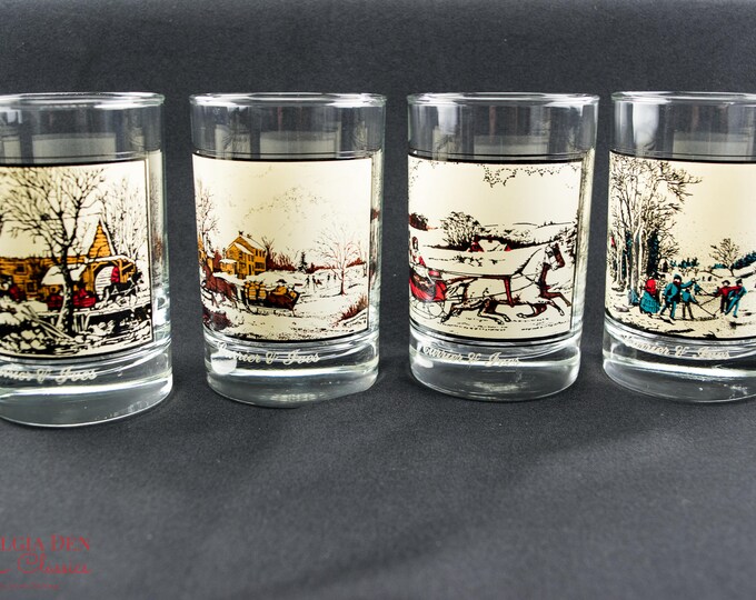 Classic Currier & Ives Wintertime Scenes Glass Set | Vintage Arbys Old Fashioned Glasses | 12 Oz Winter Glasses - Set Of 4