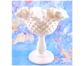 Fenton Hobnail Milk Glass Round Compote - Double Crimped White Milk Glass Bowl