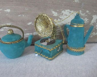 3 Vintage Teal Blue & Gold Flocked Christmas Ornaments Vintage Christmas Ornaments