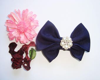 Bow tie Navy Blue brooch with flower beads