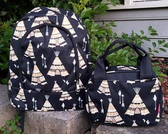 Monogram Backpack and Lunch bag set teepees and arrows