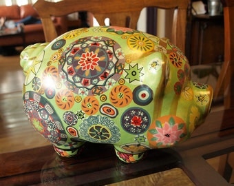 Large Ceramic Piggy Bank with Patchwork Mandala Art Designs
