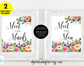 Meet the Maids Men Signs, Wedding,Bridesmaid Sign,Boho Wedding Sign Floral Wedding Printable Sign,Meet the Bridesmaids Groomsmen Floral 4x6