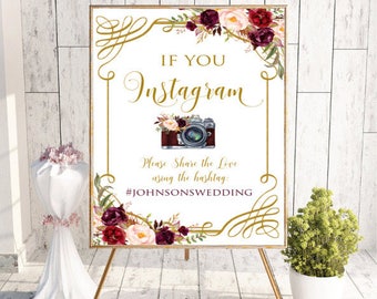Instagram Wedding Sign, Wedding Hashtag Sign,Printable Instagram Sign,Custom Welcome Wedding Sign,Floral,Boho Chic Wedding,props,Digital,#LC