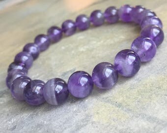 8mm Genuine Amethyst Bracelet, Natural Stone Bracelet, Beaded Elastic Bracelet Healing Meditation Bracelet, Yoga Bracelet, Womens Mens Gift