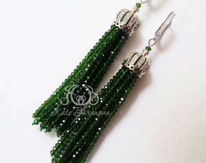 Emerald Green Beaded Tassel Earrings Royal Tassle Earrings Luxury Fringe Earrings Oscar De La Renta Style Long Tassle Earrings Statement