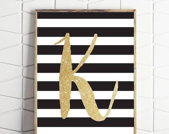 70% OFF SALE K initial art print, letter K initial, black letter art, gold letter art, black letter print, letter K art, black and white art