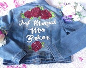 Custom painted personalised wedding jackets, denim bride jacket