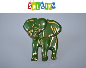 Porcelain brooch pin “Wise elephant” green enamel 1960s