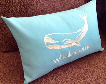 WHALECOME Welcome Decorative Pillow, Nautical Whale Embroidery Lumbar Pillow Cover, Ocean Blue, Coastal Beach Gift, Cottage Shabby Chic
