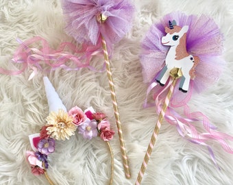 Unicorn headband - unicorn wand- wand and headband set- flower unicorn headband