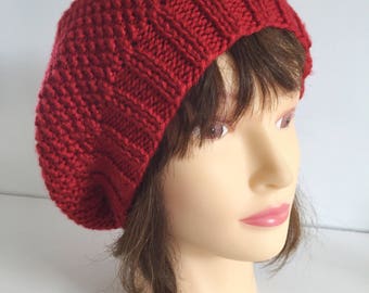 Womens Knit Beret, Cherry Red Hat, Handknit Hat, Warm Vegan Hat, Winter Knit Beret, Slouchy Tam, Gift Hat, Knitted Hat Gift, Valentines Gift