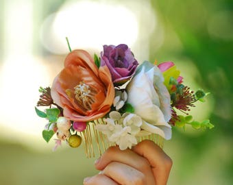 Orange white purple Hair comb Flower accessory Wedding hair comb Rustic wedding Bridal hair accessories Bridesmaid flower comb Boho wedding