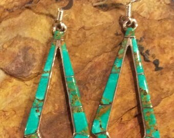 Native American Jewelry Sterling Silver Turquoise Inlay Dangle Earrings Copper Matrix