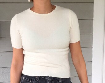 90s Minimal Creamy White 100% Cashmere Tee | XS/S