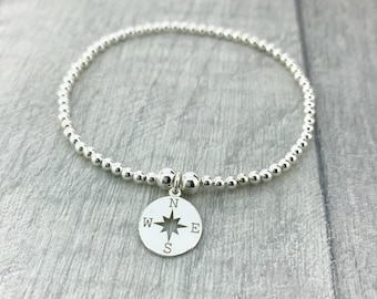Sterling Silver Stretch Bracelet/Silver Compass Bracelet/Graduation gift/Travel Jewellery/Enjoy The Journey/Good Luck/Silver Ball Bracelet