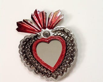 Tin Heart Plaque with mirror Handmade Mexican Tin Wall Ornament Mexican Folk Art Recycled Art Hammered Aged Look