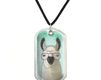 Hip Llama with Glasses Military Dog Tag Pendant Necklace with Cord