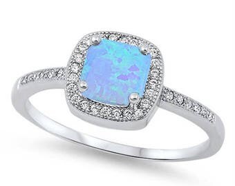 Opal Ring-Blue Opal Ring-Opal sterling Silver ring-Promise Ring-Engagement ring-Girlfriend gift-Birthday gift- Halo ring-CZ Opal Ring